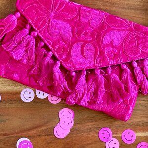 Hot Pink Mexican Embroidered Floral Clutch Bag